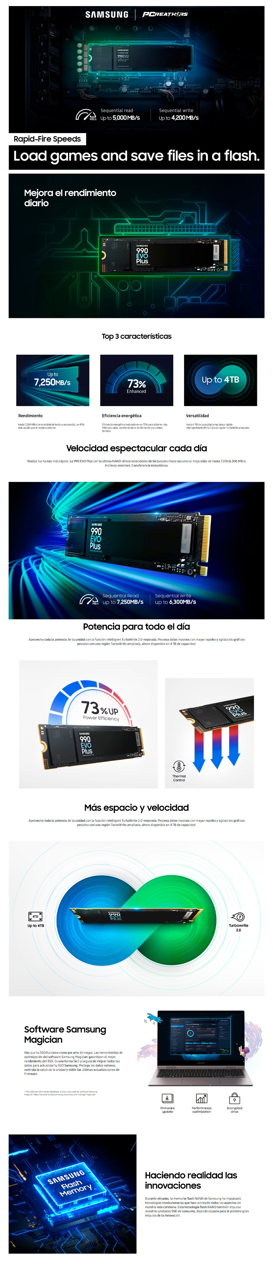 SSD Samsung 990 EVO Plus NVMe, 4TB, M.2, 6300 MB/s Escritura, 7250 MB/s Lectura, PCI Express 4.0