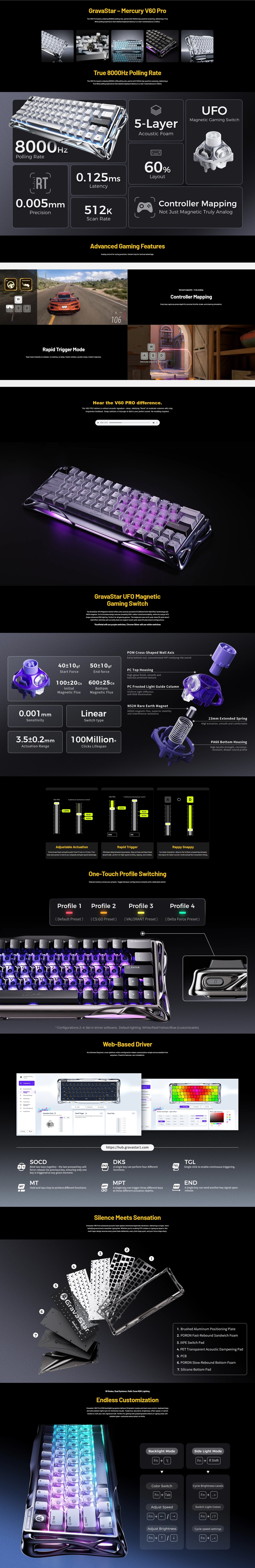 Teclado Gamer GravaStar Mercury V60 Pro Deluxe Edition, 60%, Hall Effect Magnetic Switch, GunMetal