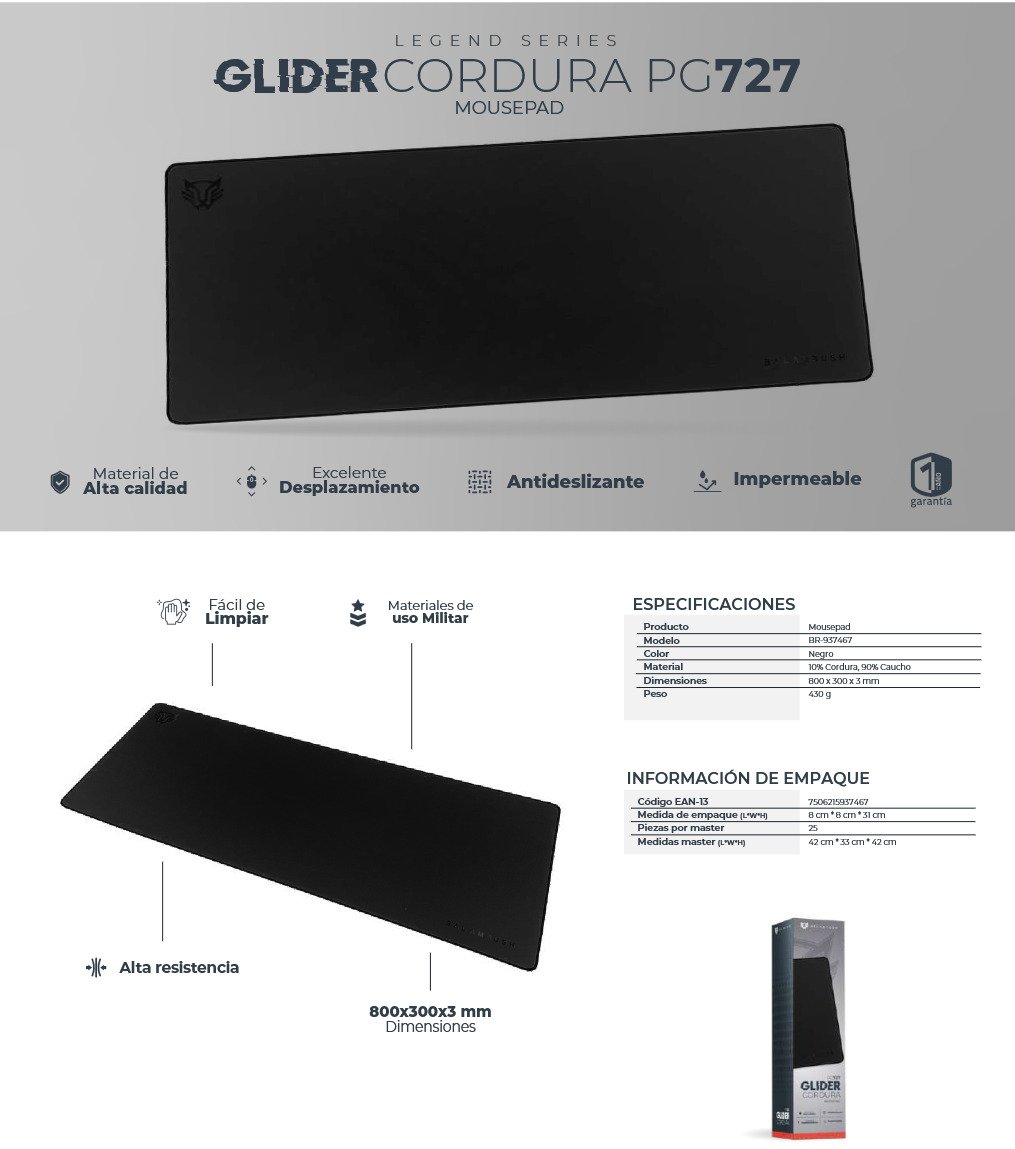 Mousepad Gamer Balam Rush Glider Cordura PG727, 800mm x 300mm, Grosor 3mm