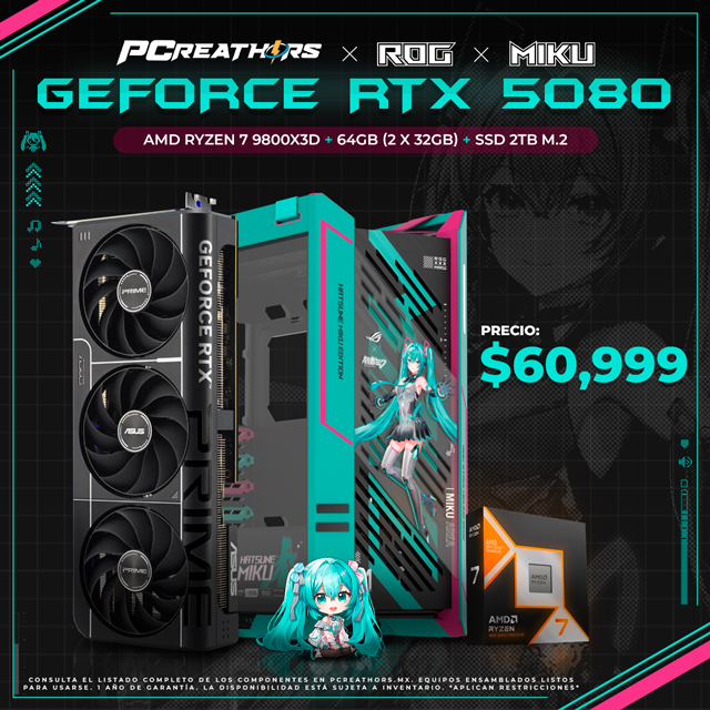 PCRA096 - Equipo AMD Ryzen 7 9800X3D + 64GB (2 x 32GB) + GeForce RTX 5080 (Hatsune Miku Edition)