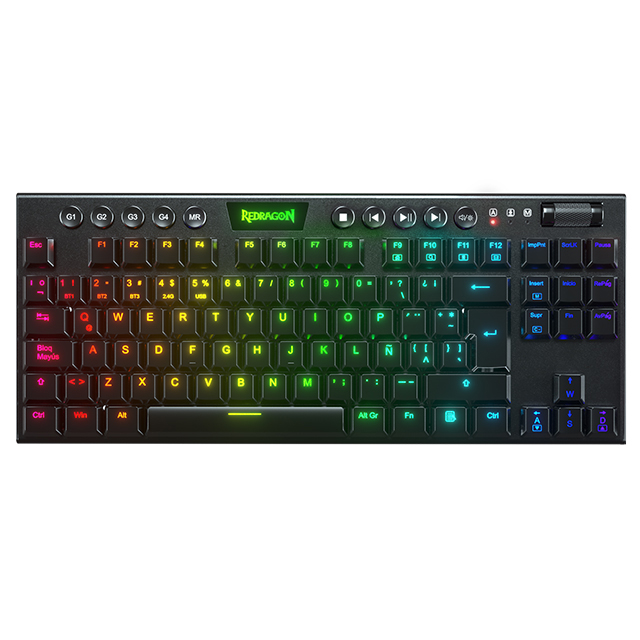 Teclado Gamer Mecanico Redragon Horus TKL RGB, Switches Blue Ultra Low Profile, Inalámbrico, USB 2.4Ghz, Bluetooth 5.0, Iluminación RGB, Español 