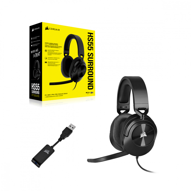 Corsair Audífonos Gamer HS55 SURROUND 7.1, Alámbrico, 1.8 Metros, 3.5mm/USB, Negro