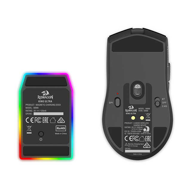 Mouse Gamer Redragon KING M999 Ultra , Inalámbrico, USB/2.4GHz/Bluetooth, 1000DPI-45000DPI, Negro, Incluye Base de Recarga