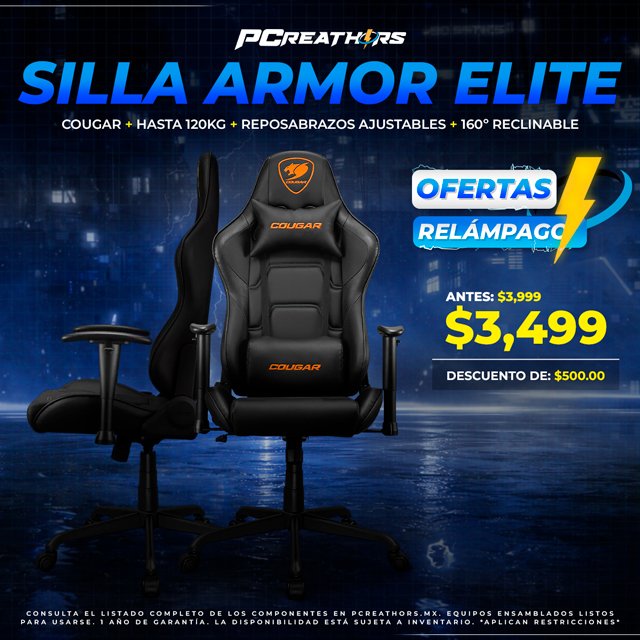 OFC019 - Cougar Silla Gamer Armor Elite, hasta 120kg, Negro