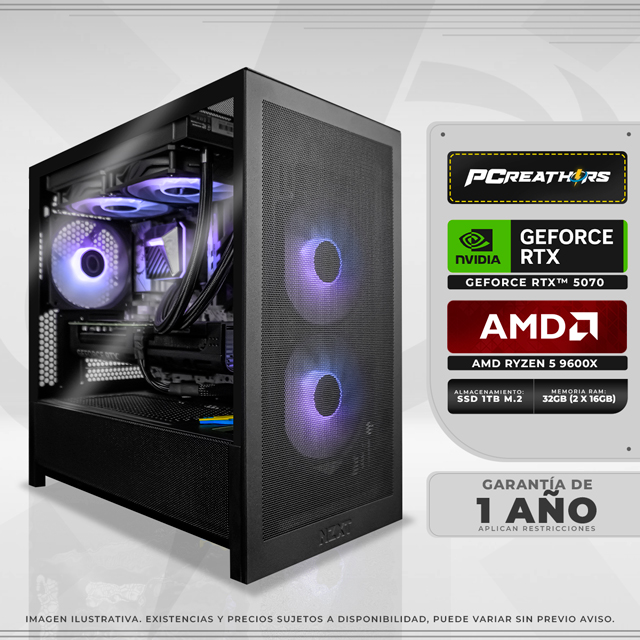 PCRB016 - EQUIPO AMD Ryzen 5 9600X + 32GB (2x16GB) + Geforce RTX 5070 (6 MESES SIN INTERESES)