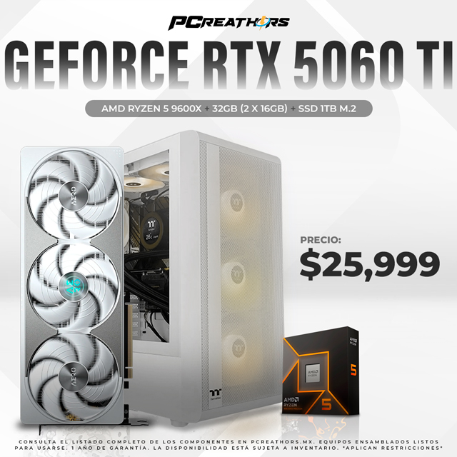 PCRA811 - Equipo AMD Ryzen 5 9600X + 32GB (2x16GB) + GeForce RTX 5060 Ti