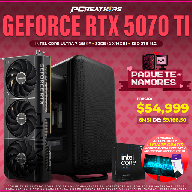 PCRA921 - Equipo Intel Core Ultra 7 265KF + 32GB (2 x 16GB) + GeForce RTX 5070 Ti
