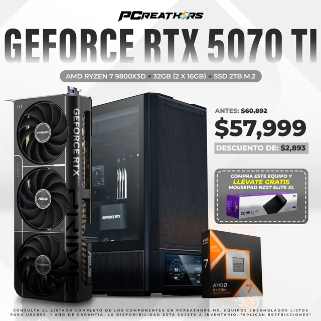 PCRA932 - Equipo AMD Ryzen 7 9800X3D + RAM 16GB + GeForce RTX 5070 Ti