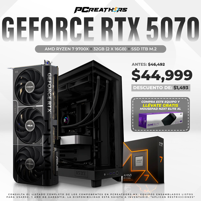PCRA936 - Equipo AMD Ryzen 7 9700X + 32GB (2 x 16GB) + GeForce RTX 5070