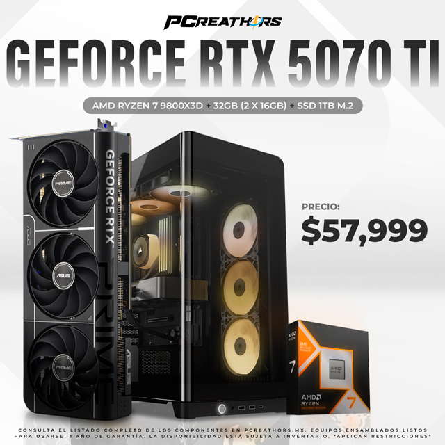 PCRA957 - EQUIPO AMD Ryzen 7 9800X3D + 32GB (2 x 16GB) + GeForce RTX 5070 Ti