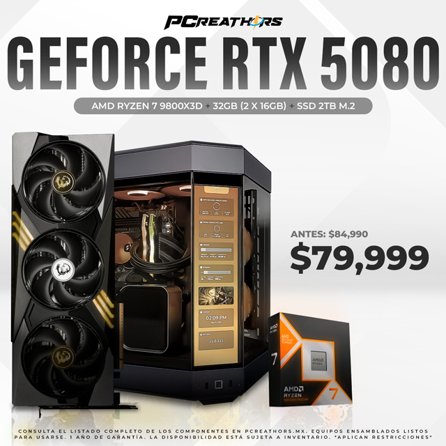 PCRA960 - Equipo AMD Ryzen 7 9800X3D + 32GB (2 X 16GB) + GeForce RTX 5080