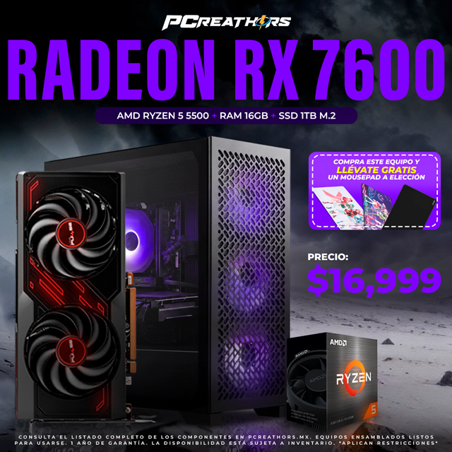 PCRA963 - Equipo AMD Ryzen 5 5500 + 16GB RAM + Radeon RX 7600