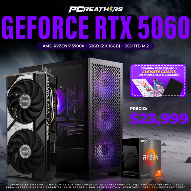 PCRA968 - Equipo AMD Ryzen 7 5700X + 32GB (2 X 16GB) + GeForce RTX 5060