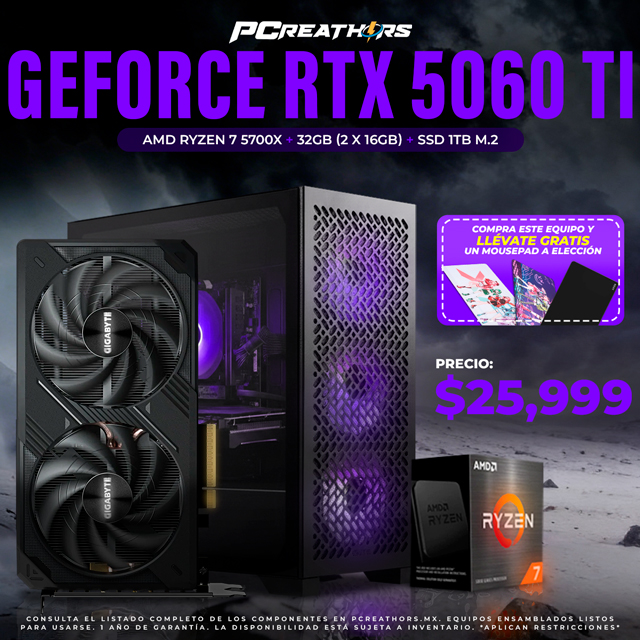 PCRA969 - Equipo AMD Ryzen 7 5700X + 32GB (2 X 16GB) + GeForce RTX 5060 Ti