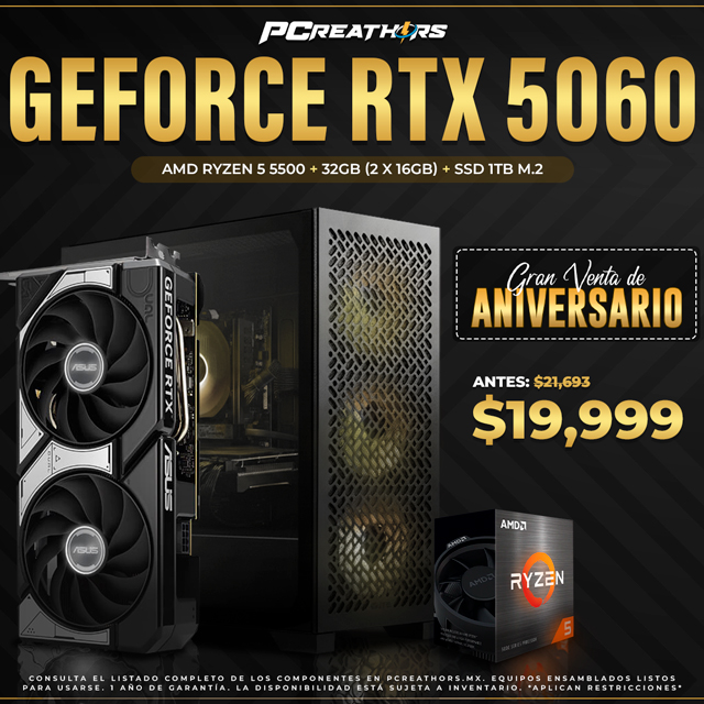 PCRA989 - Equipo AMD Ryzen 5 5500 + 32GB (2 X 16GB) + GeForce RTX 5060