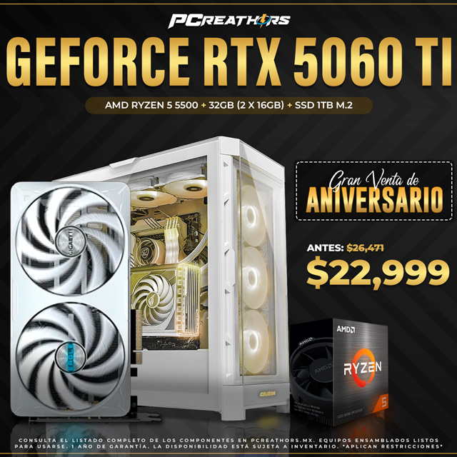 PCRA990 - Equipo AMD Ryzen 5 5500 + 32GB (2 X 16GB) + GeForce RTX 5060 Ti