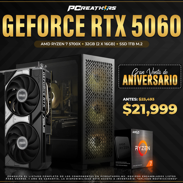 PCRA991 - Equipo AMD Ryzen 7 5700X + 32GB (2 X 16GB) + GeForce RTX 5060