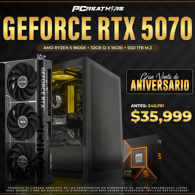 PCRA994 - Equipo AMD Ryzen 5 9600X + 32GB (2 X 16GB) + GeForce RTX 5070