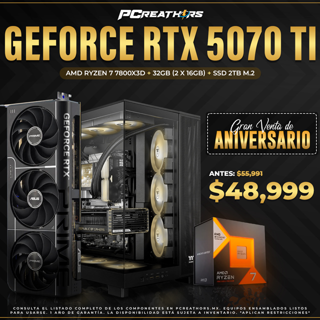 PCRA998 - Equipo AMD Ryzen 7 7800X3D + 32GB (2 X 16GB) + GeForce RTX 5070 Ti