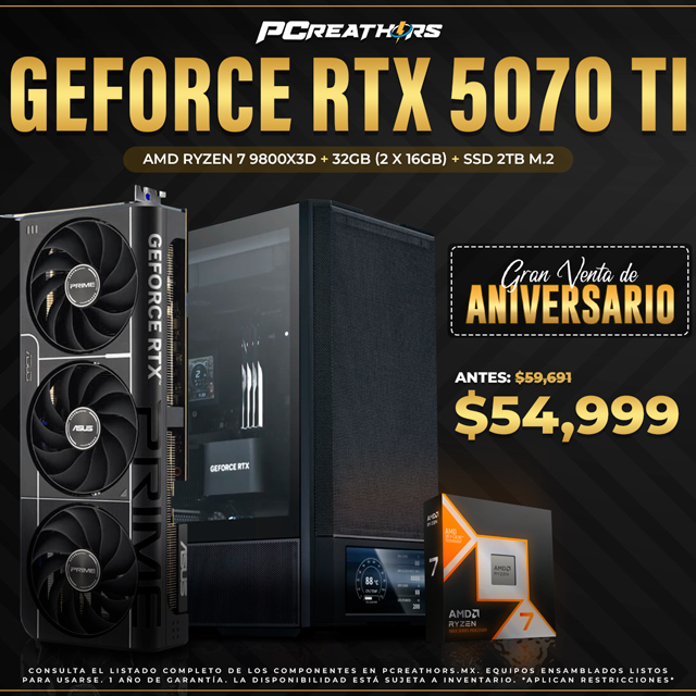 PCRB001 - Equipo AMD Ryzen 7 9800X3D +  32GB (2 X 16GB) + GeForce RTX 5070 Ti