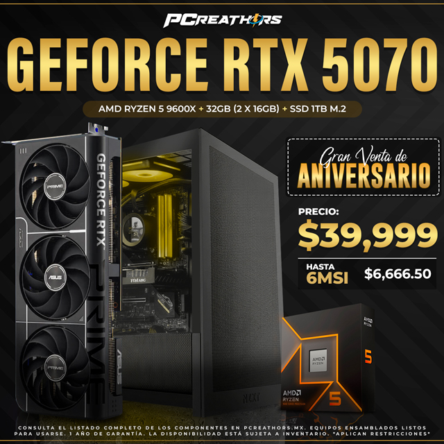 PCRB016 - EQUIPO AMD Ryzen 5 9600X + 32GB (2x16GB) + Geforce RTX 5070 (6 MESES SIN INTERESES)