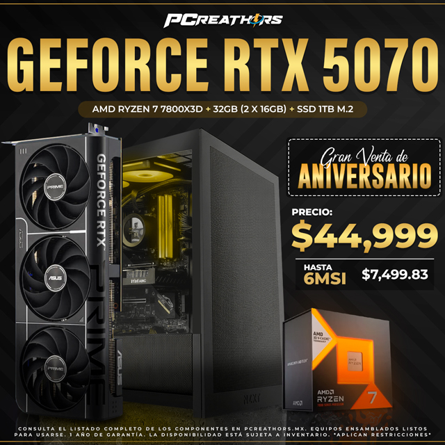 PCRB017 - EQUIPO AMD Ryzen 7 7800X3D + 32GB (2x16GB) + Geforce RTX 5070 (6 MESES SIN INTERESES)