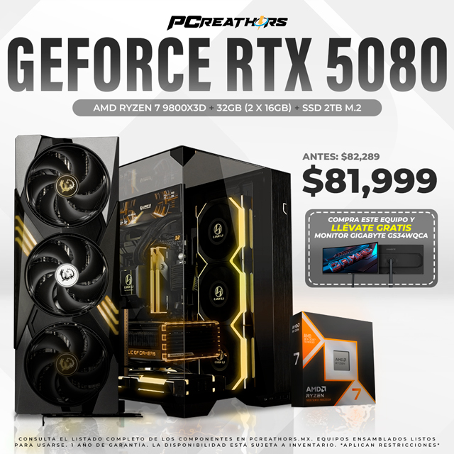 PCRB036 - Equipo AMD Ryzen 7 9800X3D + 32GB (2 x 16GB) + GeForce RTX 5080 - Incluye monitor de regalo