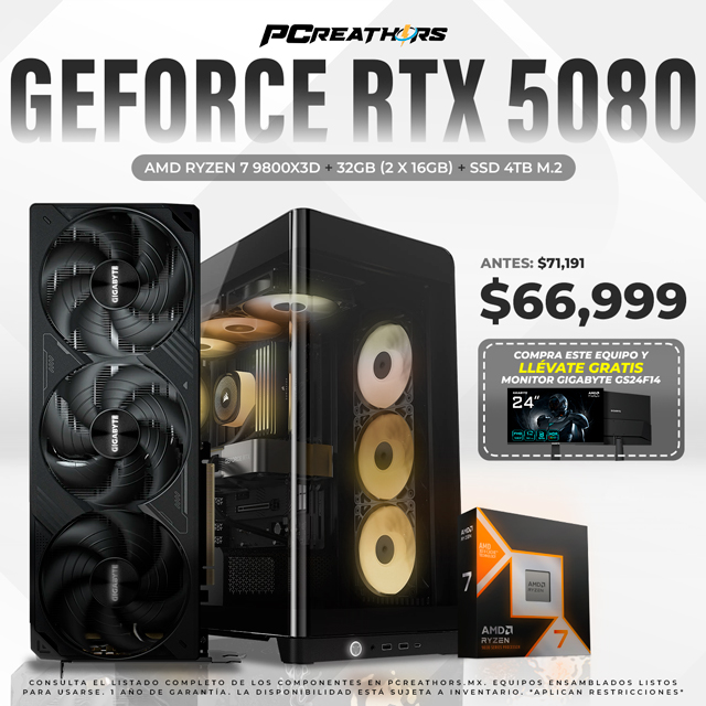 PCRB037 - Equipo AMD Ryzen 7 9800X3D + 32GB (2 X 16GB) + GeForce RTX 5080 - Incluye monitor de regalo