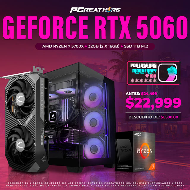 PCRB041 - EQUIPO AMD Ryzen 7 5700X + 32GB RAM (2X16GB) + NVIDIA GeForce RTX 5060 (6 MESES SIN INTERESES)