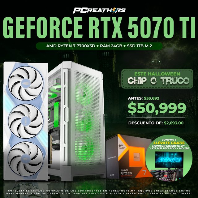 PCRB136 - Equipo AMD Ryzen 7 7700X3D + 24GB RAM + GeForce RTX 5070 Ti
