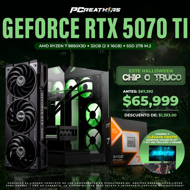 PCRB152 - Equipo AMD Ryzen 7 9850X3D + 32GB (2 x 16GB) + GeForce RTX 5070 Ti
