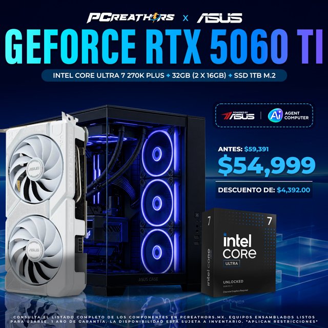 PCRB188 - Powered by Asus AGENT COMPUTER EQUIPO Intel Core Ultra 7 270K Plus + 32GB (2x16GB) + GeForce RTX 5060 Ti