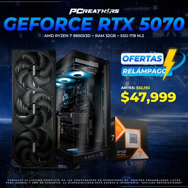 PCRB191 - EQUIPO AMD Ryzen 7 9850X3D + RAM 32GB + GeForce RTX 5070 (OFERTAS RELÁMPAGO)