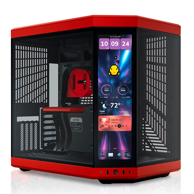 Gabinete HYTE Y70 Touch, Dual Chamber, ATX, Mid Tower, Panel Táctil LCD 4K Integrado, Negro y Rojo