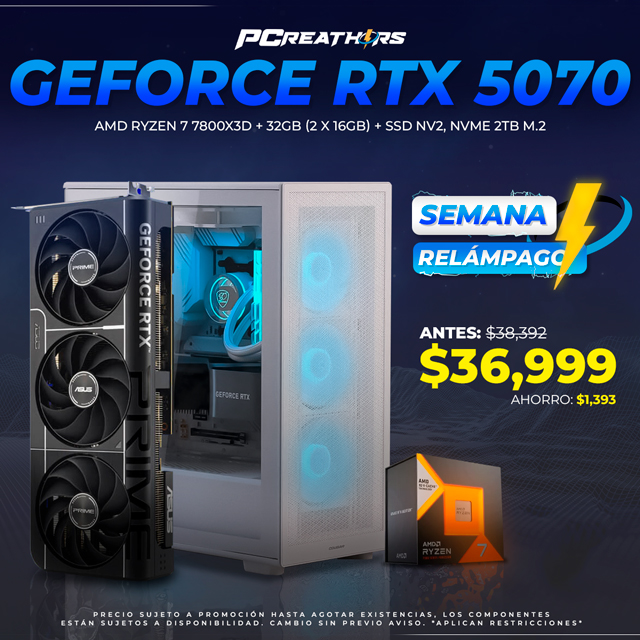 SRPCR29 - EQUIPO AMD Ryzen 7 7800X3D + 32GB (2 x 16GB) + Geforce RTX 5070