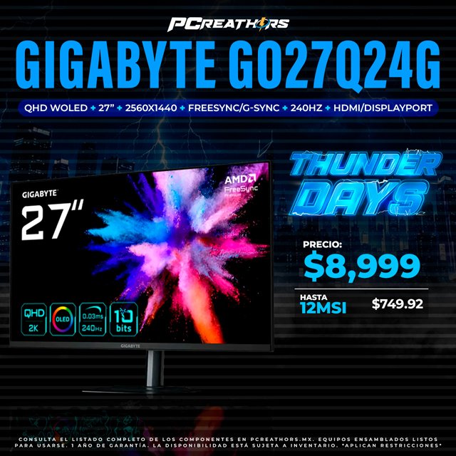 TDB007 - Monitor Gigabyte GO27Q24G QHD WOLED 27", 2560x1440, FreeSync, G-SYNC, 240Hz, HDMI/DisplayPort, Negro