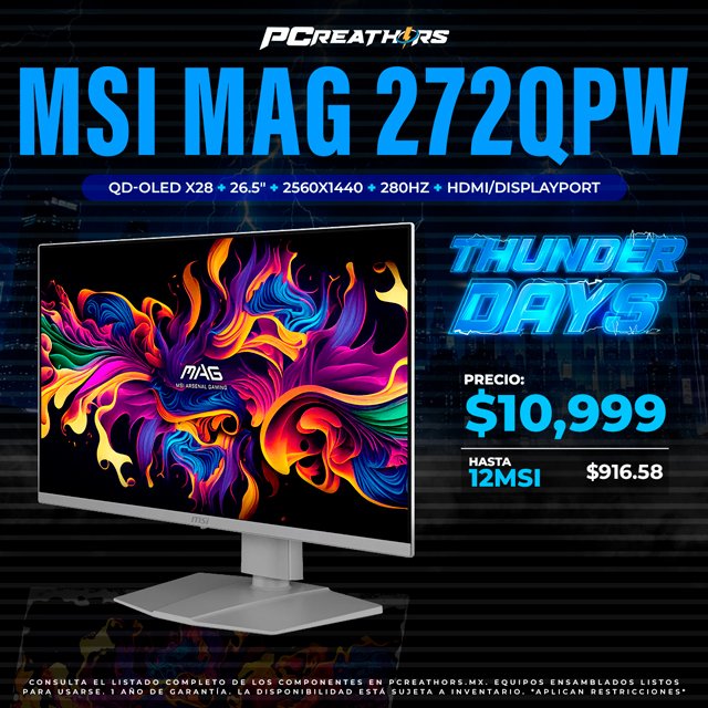 TDB008 - Monitor Gamer MSI MAG 272QPW QD-OLED X28 26.5", 2560x1440, 280Hz, HDMI/DisplayPort, Blanco