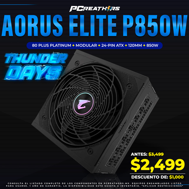 TUD008 - Fuente de Poder AORUS ELITE P850W 80 PLUS Platinum, Modular, 24-pin ATX, 120mm, 850W