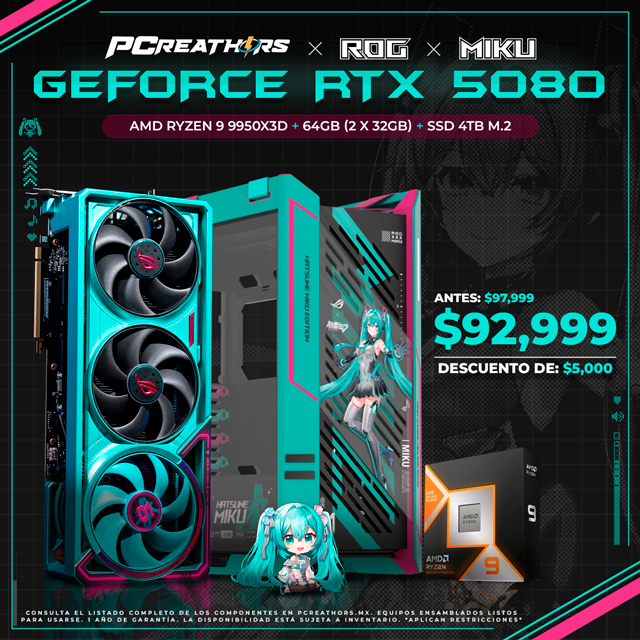 TUD020 - Equipo AMD Ryzen 9 9950X3D + 64GB - 2 x 32GB + GeForce RTX 5080 (Hatsune Miku Edition)